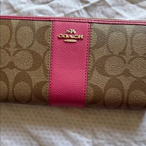 Coach Brown Signature Wallet with Pink Leather Stripe